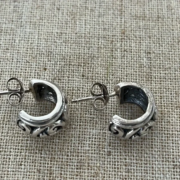 Sterling Solid 3/4 Scroll Posted Hoop Earrings - Picture 2 of 8